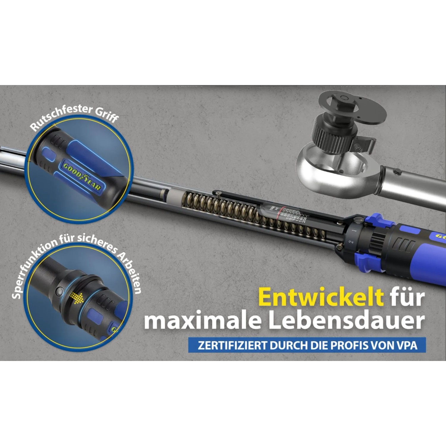 Goodyear Drehmomentschlüssel mit Verlängerung und Stecknüssen für Autoreparatur und Wartung.