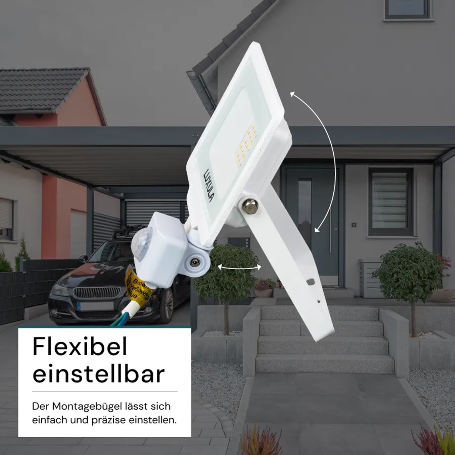 Weißer LUXULA LED Strahler 20W mit Bewegungsmelder für den Außenbereich, flexibel einstellbar.