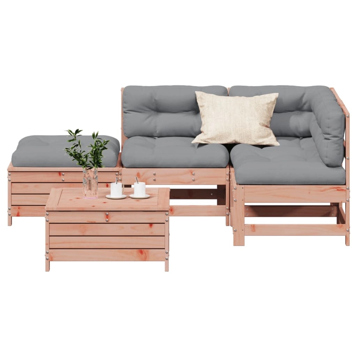 5-teiliges Garten Lounge Set aus Douglasie mit grauen Kissen und Tisch.