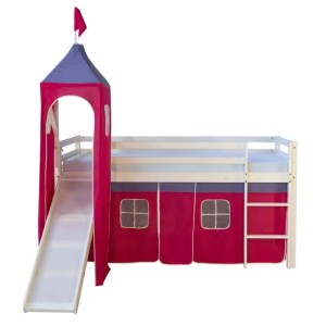 Weißes Kinderhochbett 90x200 mit pinkem Vorhang, Rutsche, Turm und Leiter. Ideal für Abenteuerbetten.