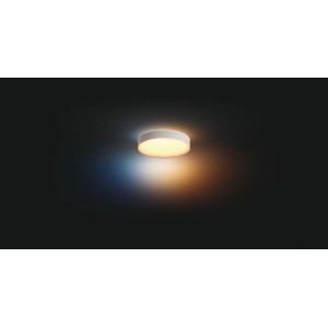 Weiße Philips Hue Enrave LED-Deckenleuchte mit Dimmer und warmweißem bis kaltweißem Licht.