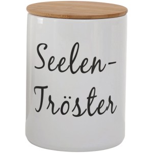Vorratsdose Funny S von Boltze Home, weiße Keramik mit Bambusdeckel und Schriftzug "Seelentröster".