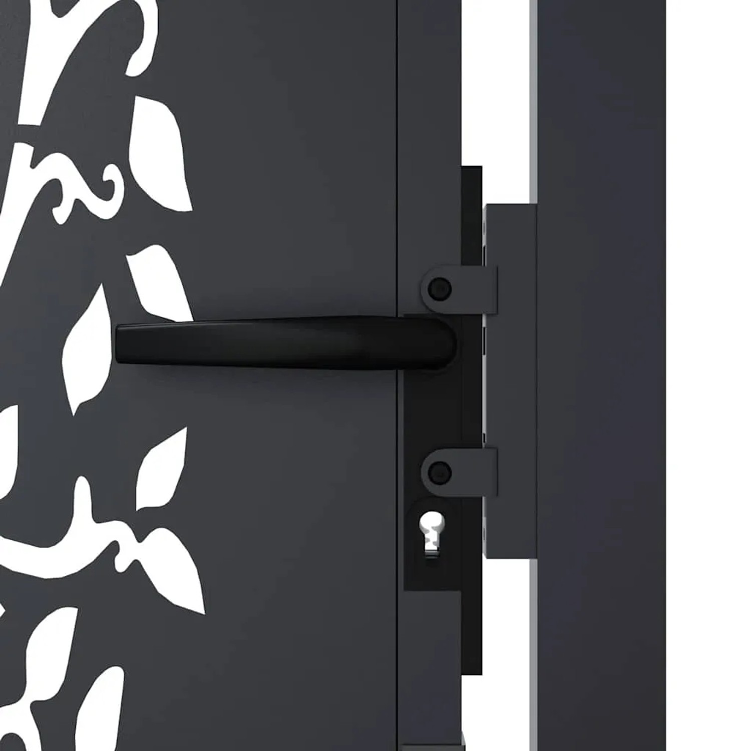 Detailansicht: Anthrazitfarbenes Gartentor mit Baum-Design, Griff und Schloss.