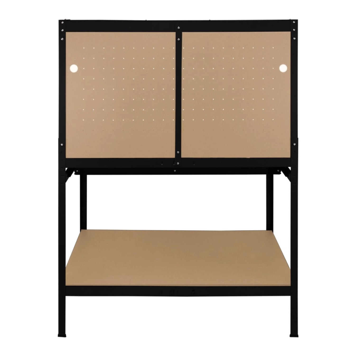 Schwarze Monstershop Werkbank mit Lochwand und Ablage.