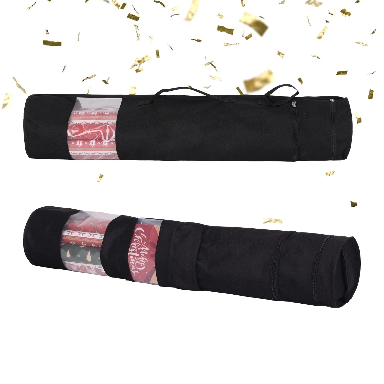 Relaxdays Geschenkpapier Aufbewahrung 2er Set Polyester Schwarz Sichtfenster Reißverschluss 85 cm x 17 cm 480 g