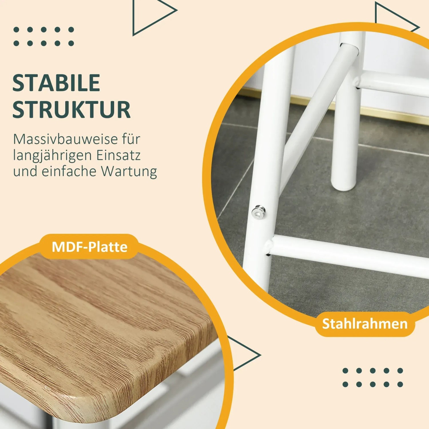 Detailansicht HOMCOM Bartisch Set: MDF-Platte in Eicheoptik und weißes Stahlgestell.