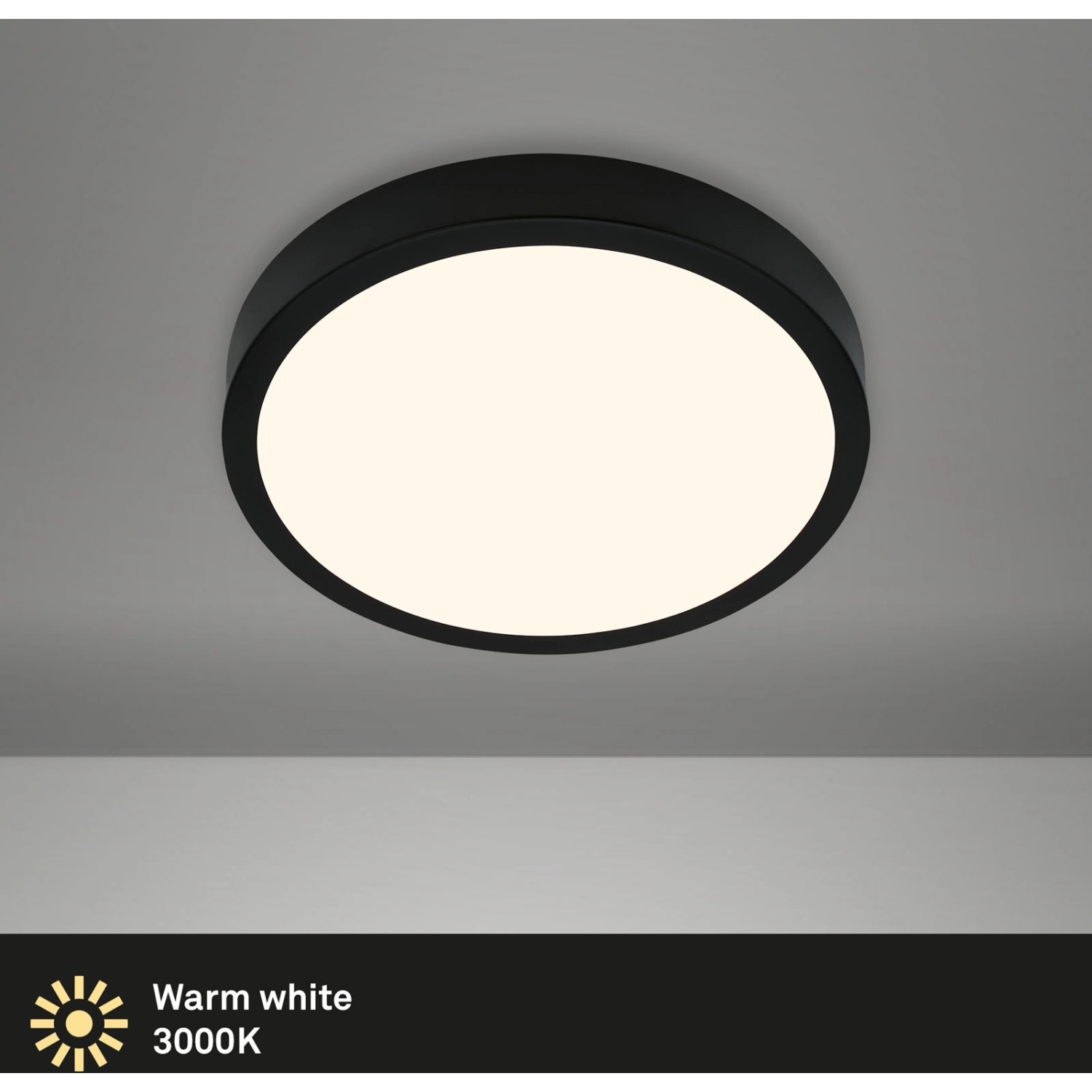 Schwarze Brilo LED-Deckenleuchte Runa, 16 W, warmweißes Licht, runde Form.