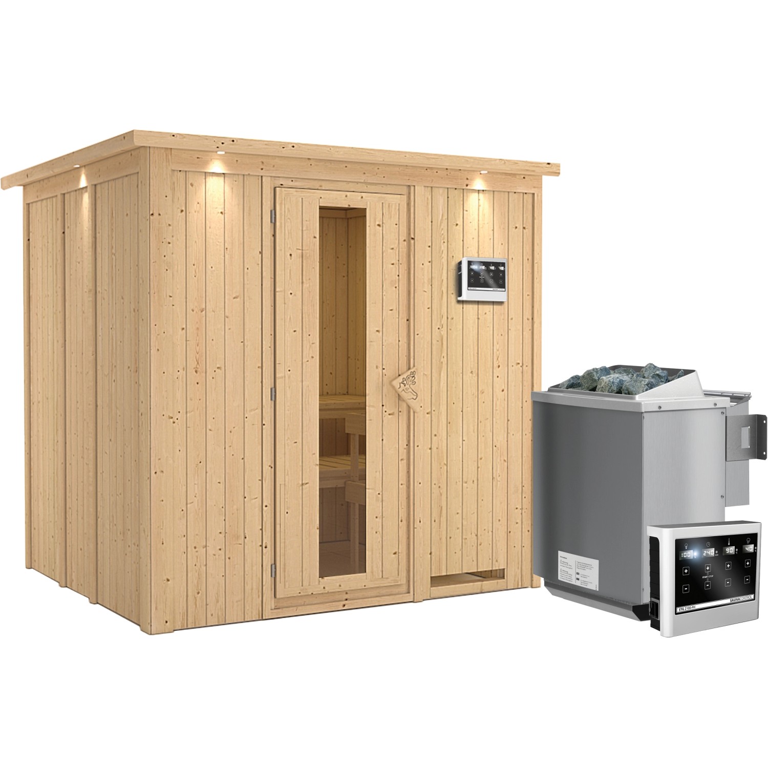 Karibu Sauna Stina inkl. Bio-Ofen 9 kW m. ext. Strg., Dachkranz, Energiespa günstig online kaufen