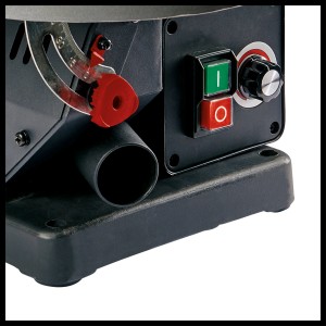 Detailaufnahme: Einhell TC-SS 405 E Dekupiersäge mit Bedienelementen und Staubabsaugung.
