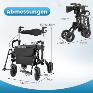 Costway Rollator mit Luftreifen, 2-in-1 Rollstuhl, Abmessungen dargestellt.