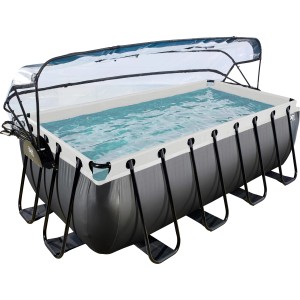 Rechteckiger Exit Black Leather Pool 400x200 mit Abdeckung und Sandfilterpumpe.