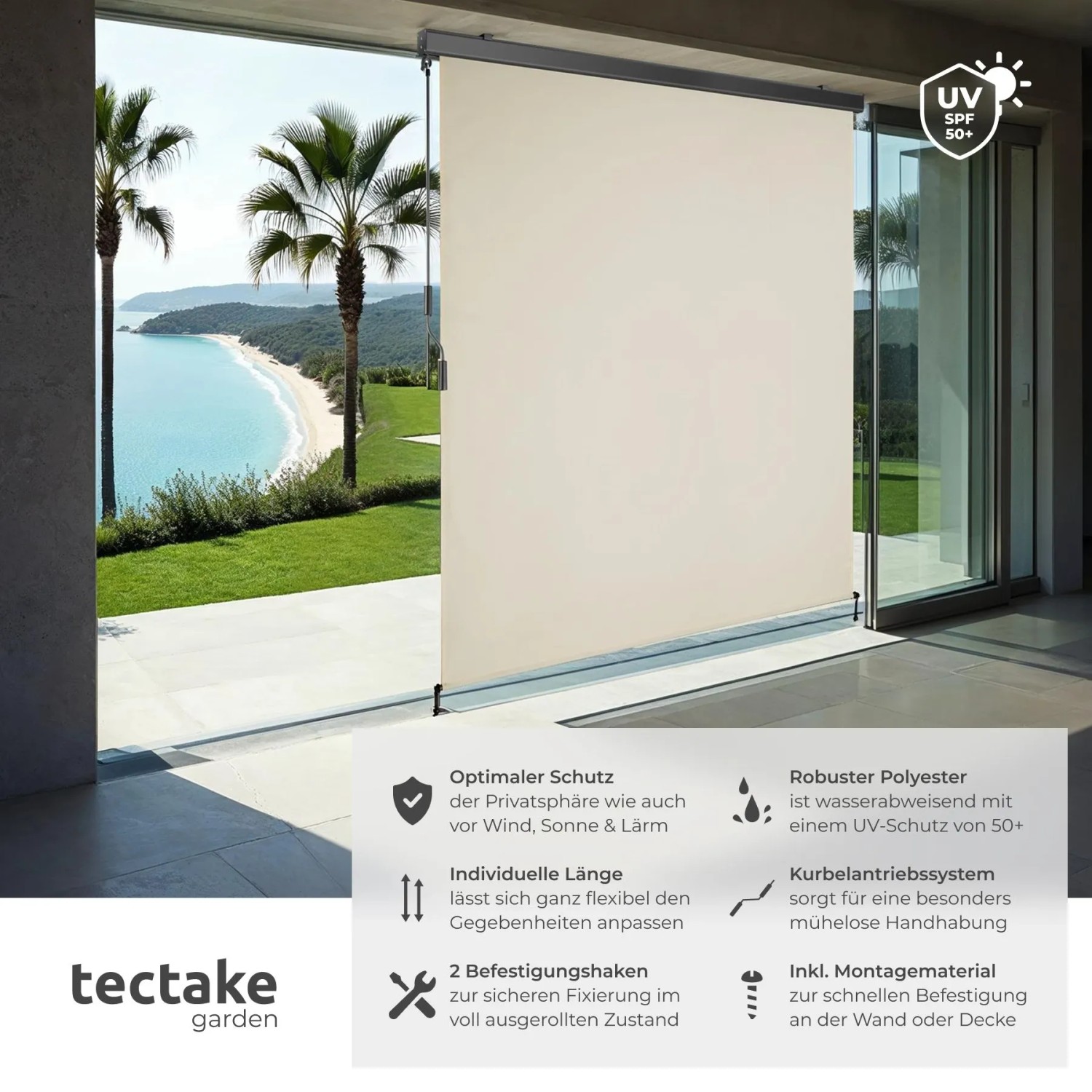 Beige Tectake Senkrechtmarkise Eloise auf Terrasse, bietet UV-Schutz, Schatten und Sichtschutz. Ideal für Balkon.