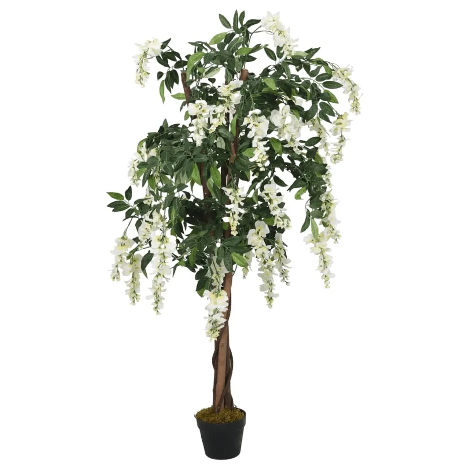 Künstlicher Glyzinienbaum, 200 cm hoch, mit weißen Blüten und grünen Blättern im Topf.