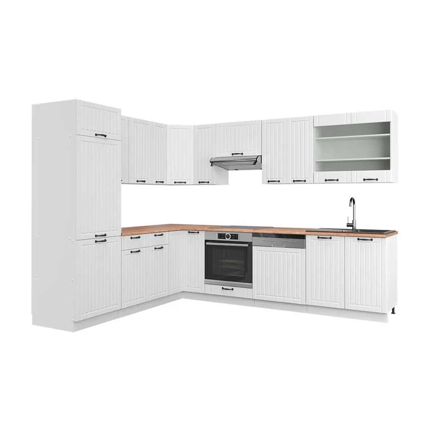 Vicco Eckküche Fame-Line Weiß Landhaus/Weiß 287 x 82, AP Eiche