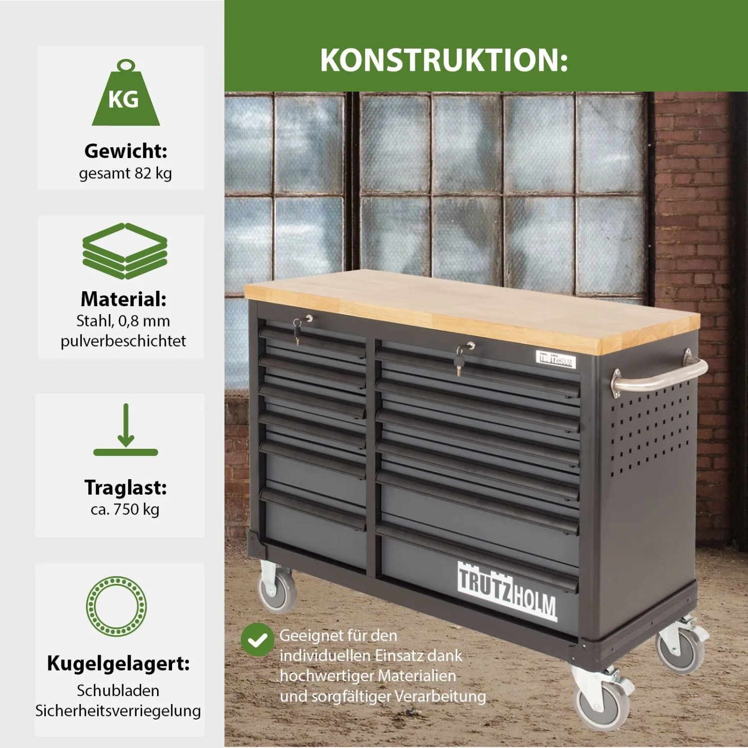 TRUTZHOLM Werkstattwagen DELUXE mit 12 Schubladen, massiver Arbeitsplatte in Anthrazit/Grau.