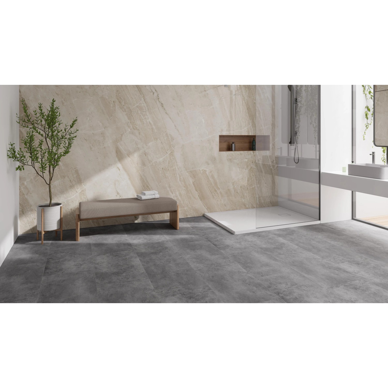 Verlegtes Check One Click-Vinyl Mettingen Beton im Badezimmer.