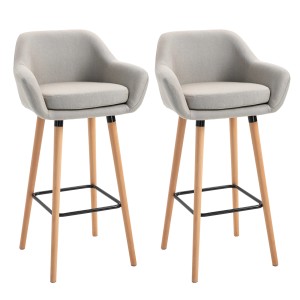 2er-Set Barhocker von HOMCOM, beige, mit Sitzkissen, Fußstütze und Holzbeinen.
