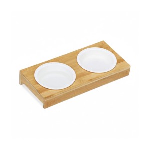 Relaxdays Doppelnapf Bambus Keramik Natur Weiß Erhöht 29,5 cm x 14 cm x 5 cm 700 g