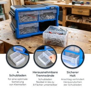 HMF STK200-02-05 Sortierbox Für Kleinteile Mit 4 Schubladen Erweiterbarer Sortimentskasten Für Schrauben Und Werkzeug 8 Fächer 295 x 195 x 160 mm