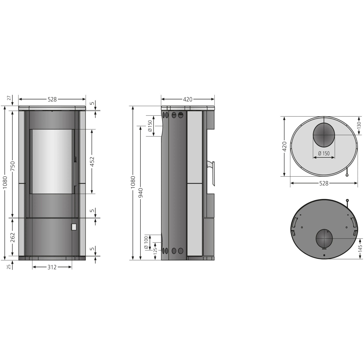 Technische Zeichnung: Justus Austin 5 Kaminofen, Stahl schwarz, Maße und Anschlüsse.