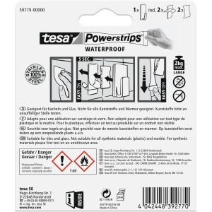 Tesa Powerstrips Haken Waterproof Edelstahl, eckig, Large, zur Montage ohne Bohren in Bad & Küche.