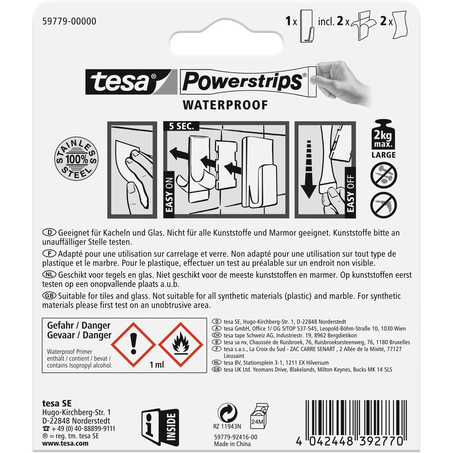 Tesa Powerstrips Haken Waterproof Edelstahl, eckig, Large, zur Montage ohne Bohren in Bad & Küche.