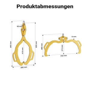 Gelbe Wiltec Forstzange mit Produktabmessungen. Offen 760mm, geschlossen 890mm hoch. Für Holzstämme bis 1500kg.