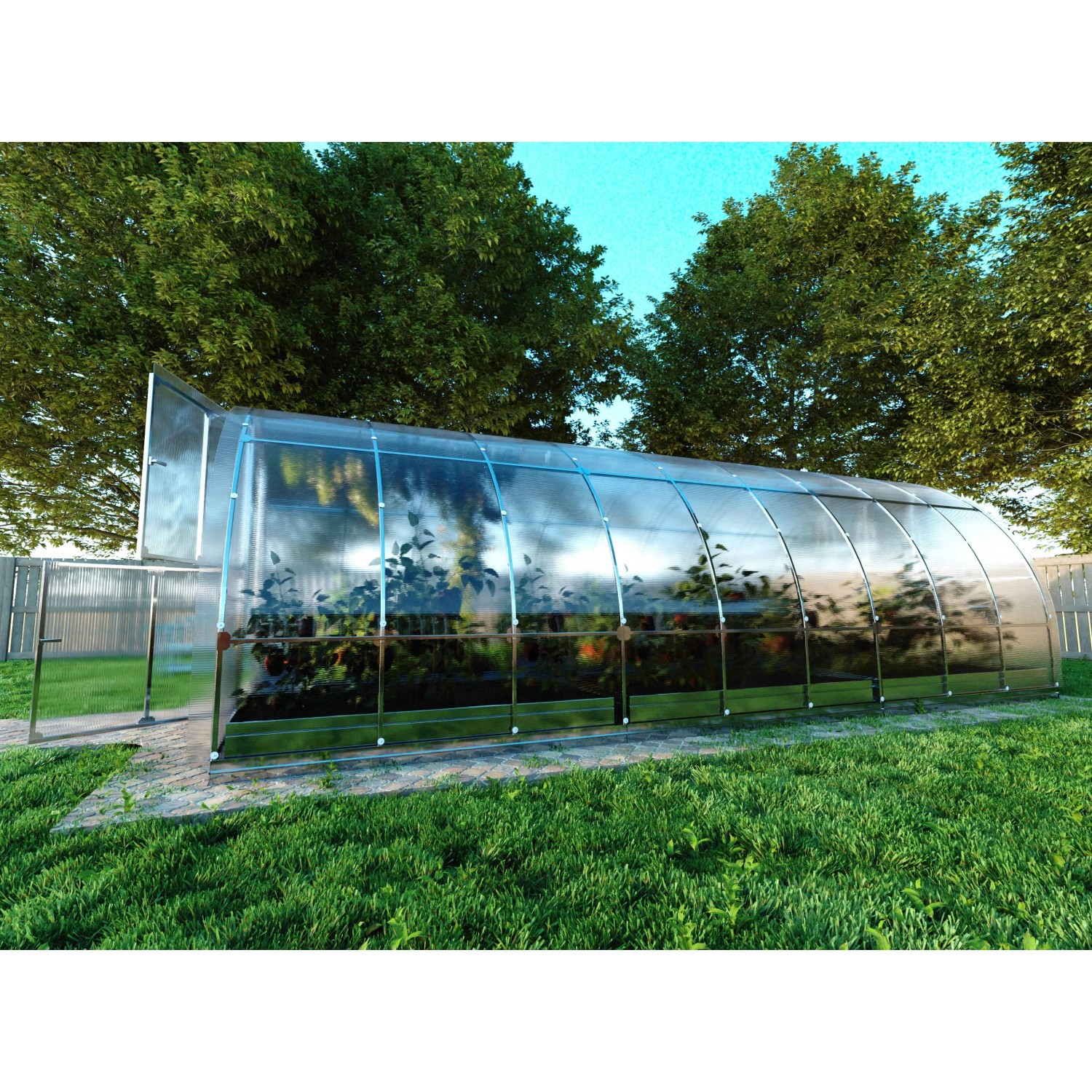 Klasika Greenhouses Tube Gewächshaus 18m² mit Polycarbonatabdeckung im Garten.