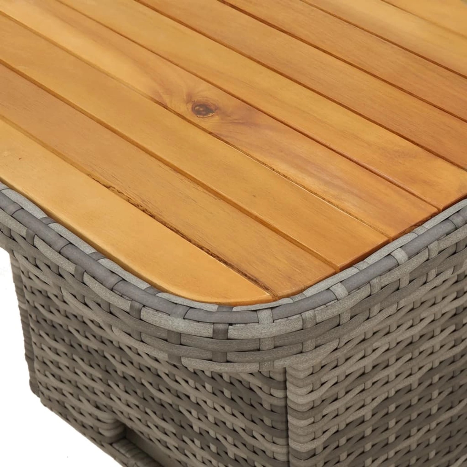 Detailansicht Gartentisch der vidaXL Essgruppe, Rattan grau, Holzplatte Akazie.