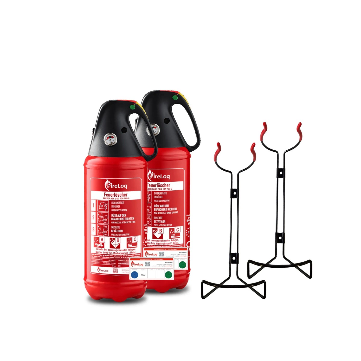FireLoq 2x 2kg Pulver Auto Feuerlöscher mit Schutzkappe ABC Prüfnachweis Halter