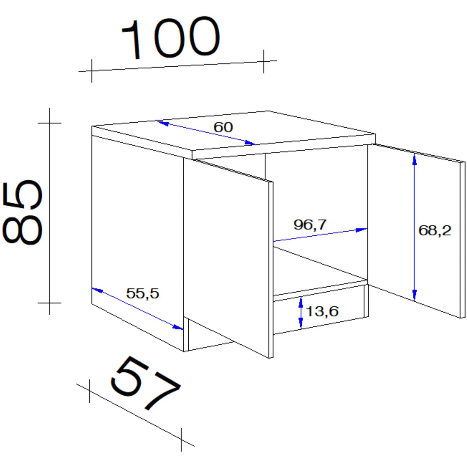 Skizze des Flex-Well Spülenschranks Cara, 100 cm, mit Maßangaben.