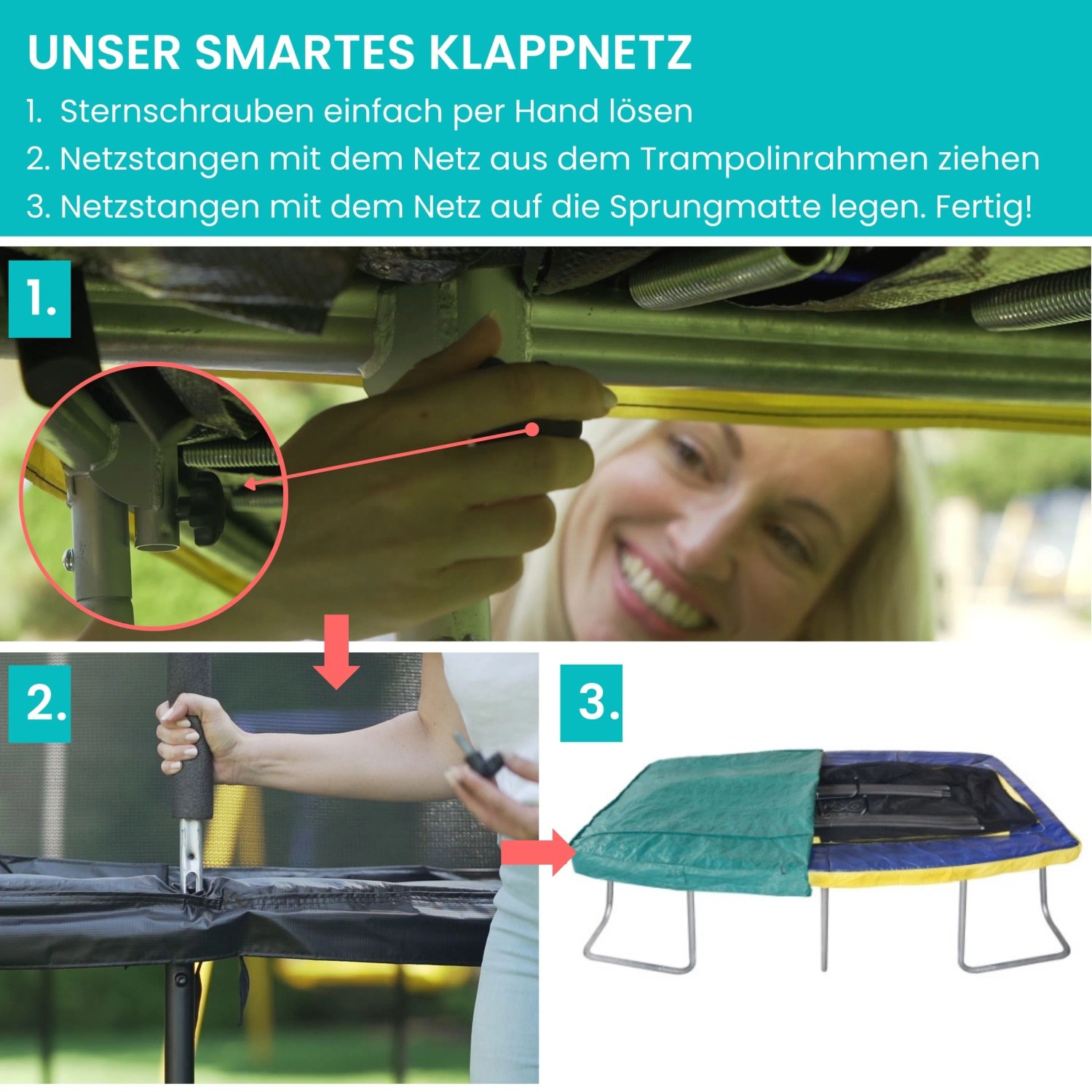 Zero Gravity Gartentrampolin: Anleitung zum Abbau des smarten Klappnetzes in 3 Schritten.