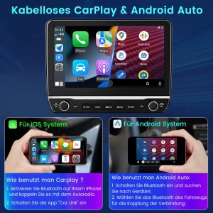 Autoradio Display mit kabellosem CarPlay & Android Auto. Zeigt App-Icons und Smartphone-Integration für Navigation.