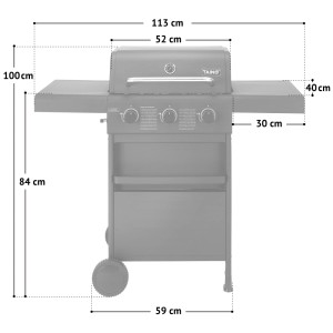 Taino Compact 3+0 Gasgrill, schwarzer Grillwagen mit einklappbaren Ablagen und Thermometer.