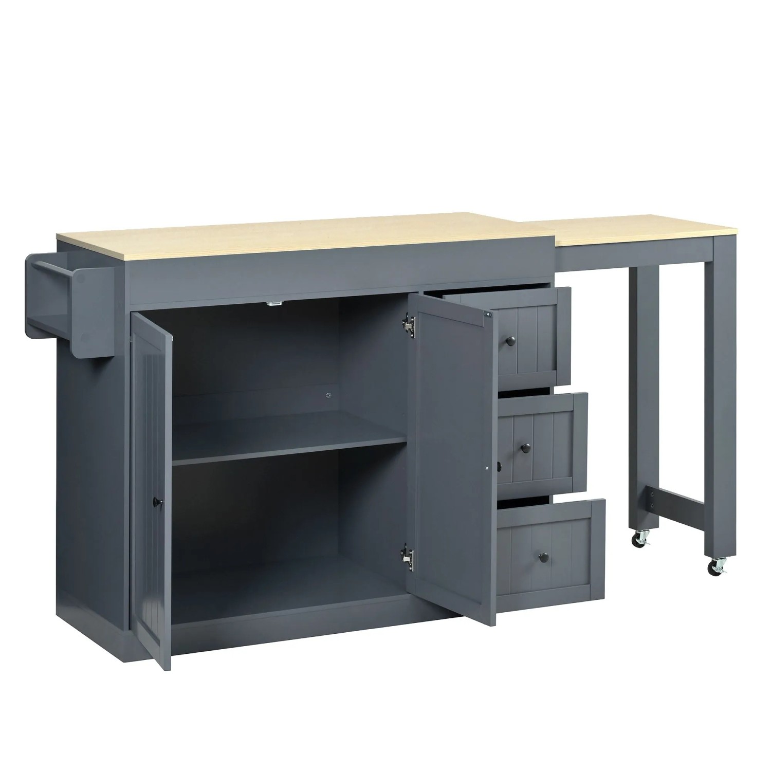 okwish Kücheninsel mit Rollen Schubladen Ausziehbarer Essbereich 112-186.8x45x93cm Grau