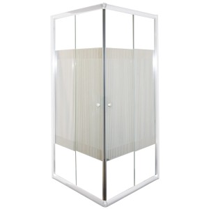 Sanotechnik Eckduschkabine 80x80 mit Streifenglas und weißen Profilen.