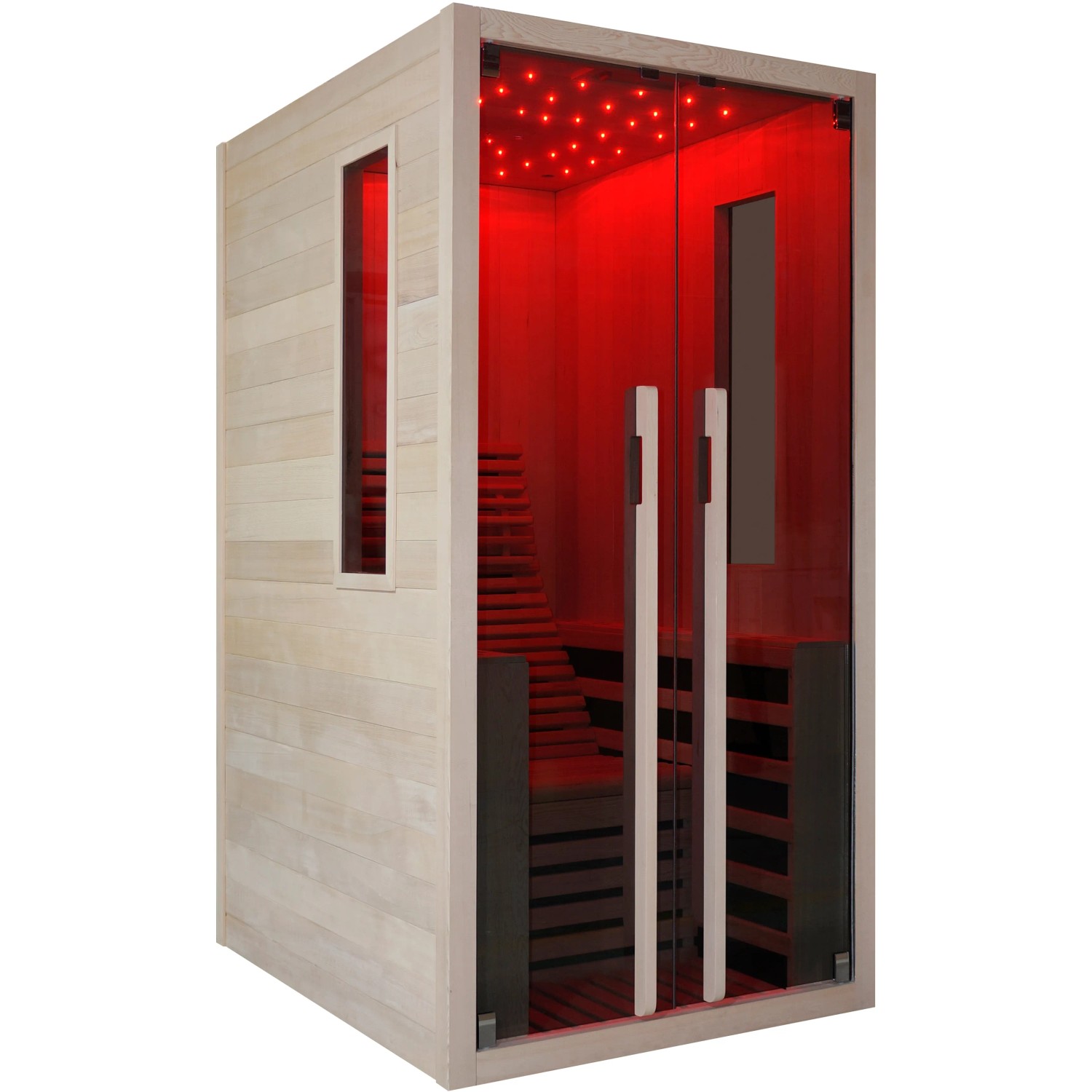 Sanotechnik Infrarotkabine Carbon 1 aus Hemlock-Holz mit Glasfront und LED-Sternenhimmel.