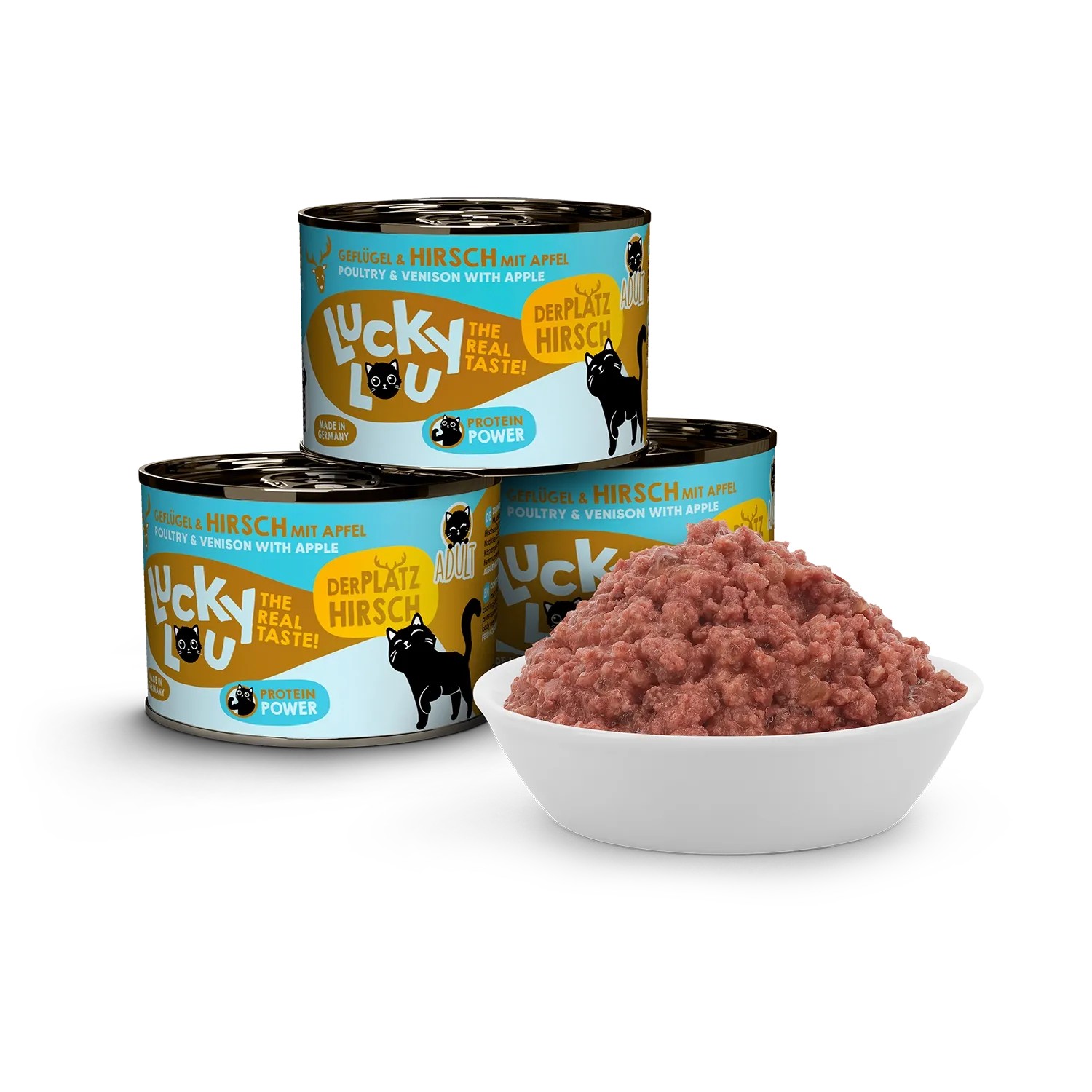 Lucky Lou Katzen-Nassfutter Adult Geflügel & Hirsch, 200g Dosen und Schale mit Futter.