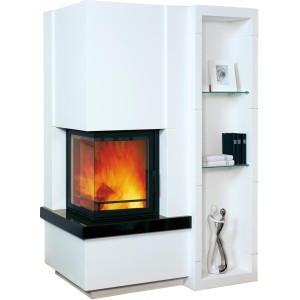 Hark Easy 500 Kaminofen, Granit Schwarz, 5 kW mit Regal und brennendem Feuer.
