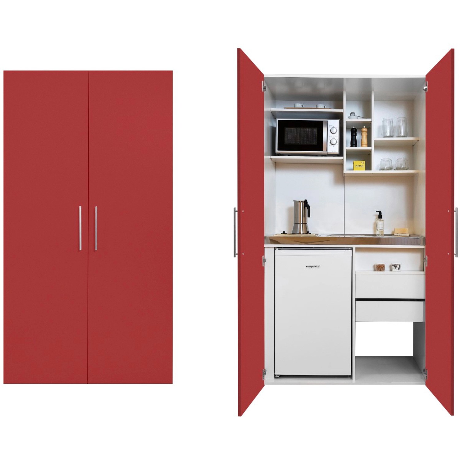 Respekta Schrankküche SKWGMIC Grau-Weiß: Kompakte Miniküche mit Kühlschrank, Kochfeld und Mikrowelle.