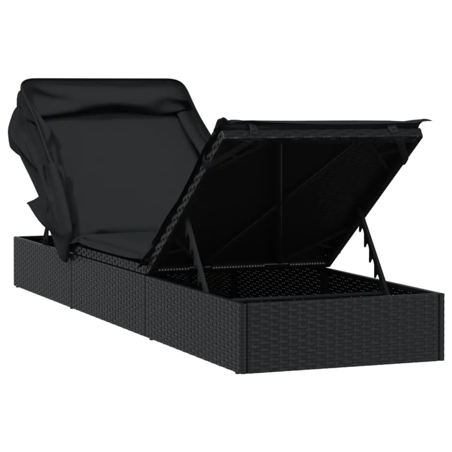 Schwarze vidaXL Sonnenliege mit Faltdach aus Polyrattan, verstellbar für Garten, Balkon oder Camping.