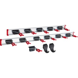 Bruns Gerätehalter Set: 2 silberne Aluminiumschienen (100, 75 cm) mit schwarzen/roten Klemmen und 2 Haken für Werkstatt/Garten.