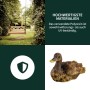 Collage: Gartenszene mit Schaukel, Symbol für UV-Beständigkeit, Gartenfigur Ente aus Polyresin.