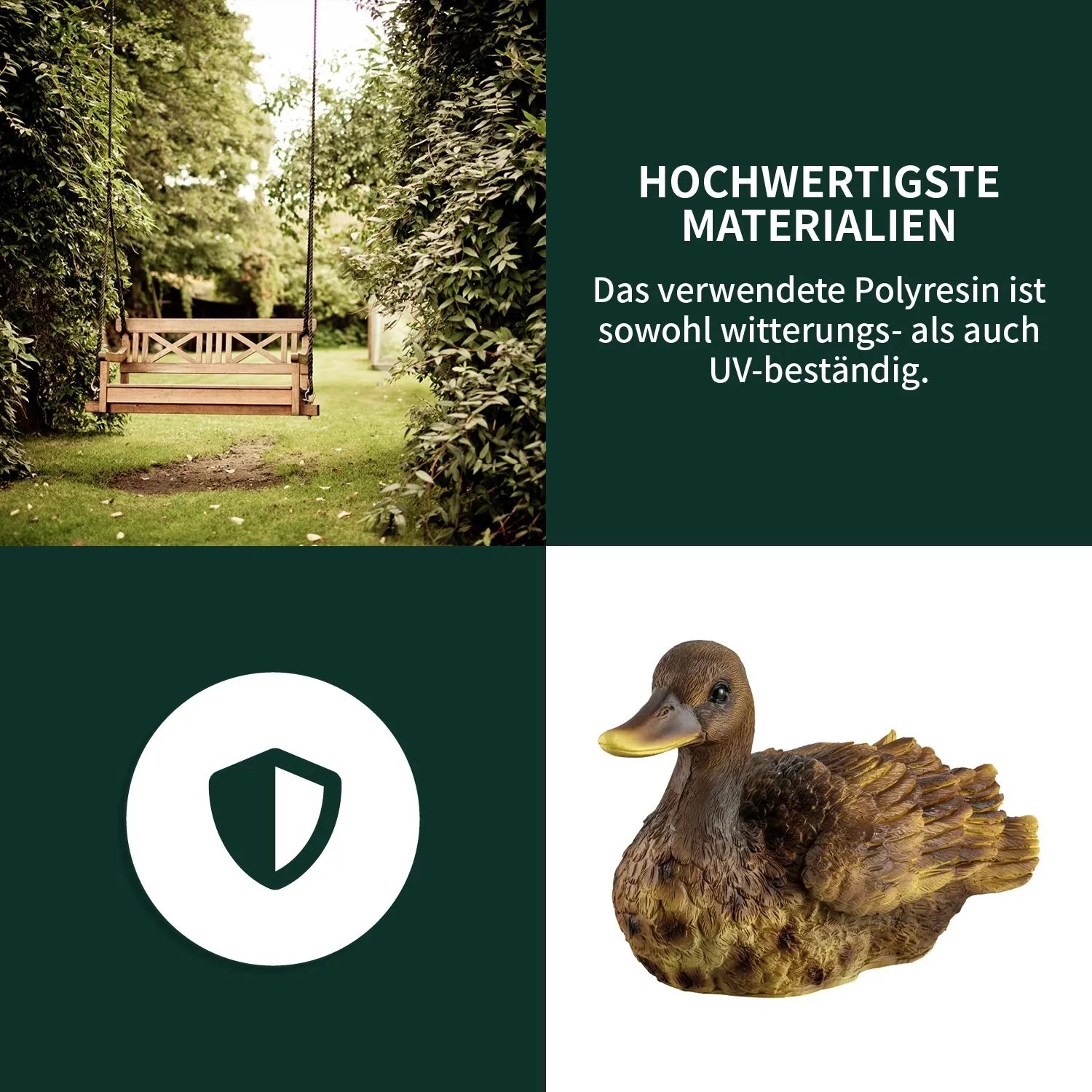 Collage: Gartenszene mit Schaukel, Symbol für UV-Beständigkeit, Gartenfigur Ente aus Polyresin.