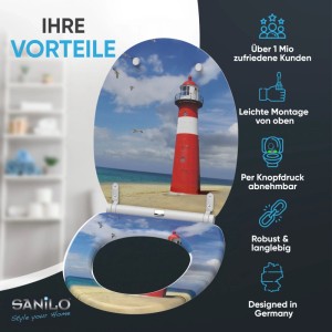 SANILO WC-Sitz mit Leuchtturm-Motiv, Absenkautomatik und Top-Fix Montage. Stranddesign mit rotem Leuchtturm.