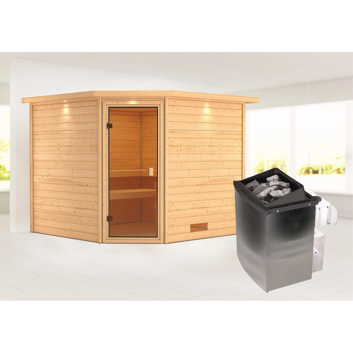 Karibu Sauna Leona und LED-Dachkranzer mit Ofen intergrierte Stg.Natur