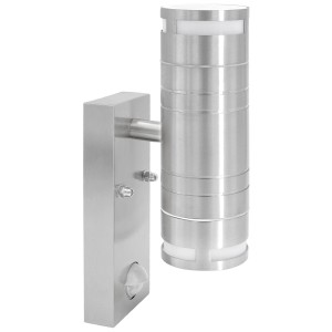 Moderne Edelstahl Wandleuchte mit Bewegungsmelder und Dämmerungssensor für den Außenbereich.