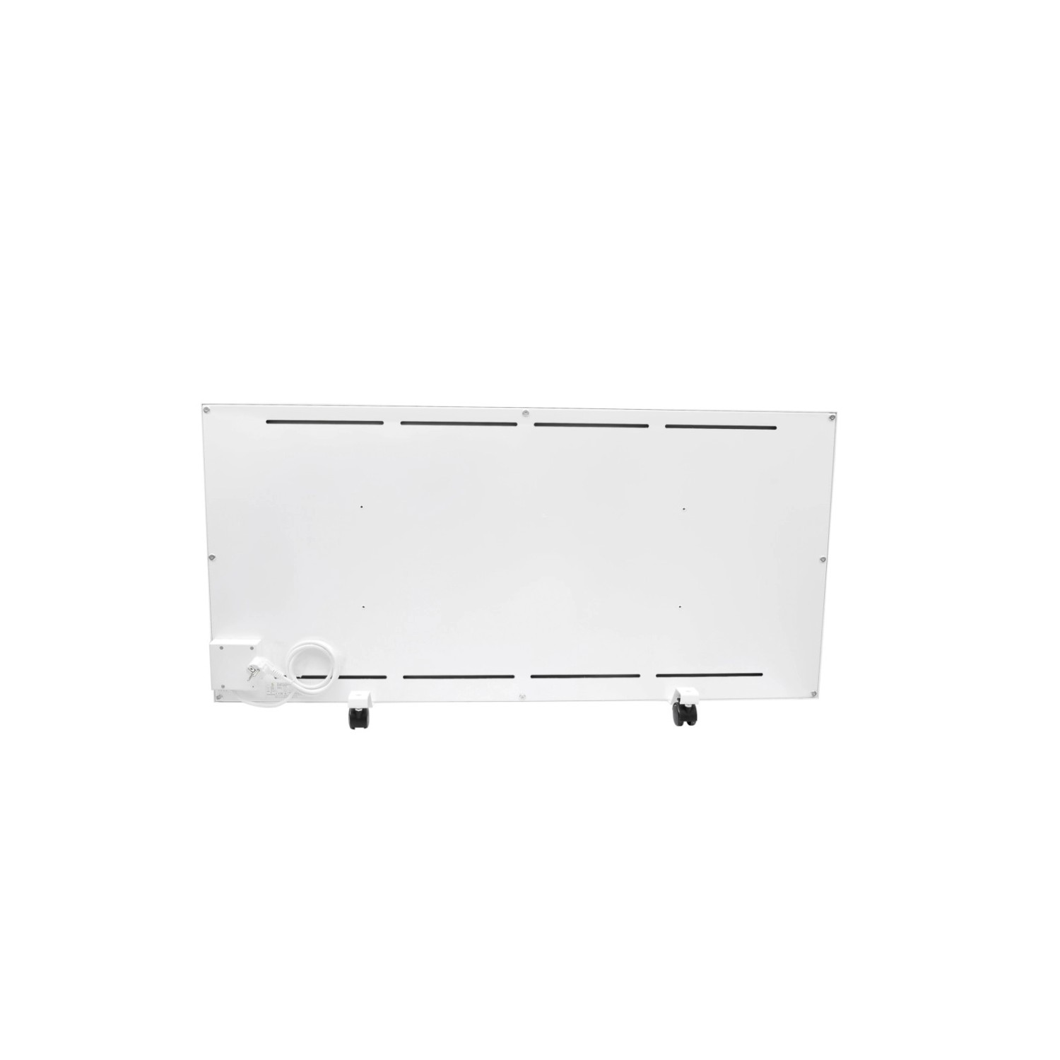 Weiße Ximax Infrarotheizung mobil mit Rollen und Thermostat, 53x120 cm, 950 Watt.