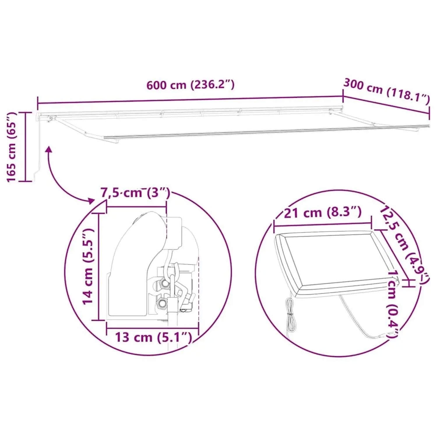 vidaXL Einziehbare Markise Mehrfarbig 600 x 300 cm Stoff und Stahl 3331614_15