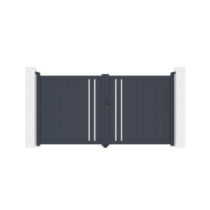 Graues Casanoov Doppelflügeltor aus Aluminium, 3 m breit und 1,6 m hoch.